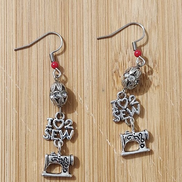 Hand Crafted Earrings with Sewing Machine Charm Rhinestone Silver Red Dangle - Picture 2 of 4
